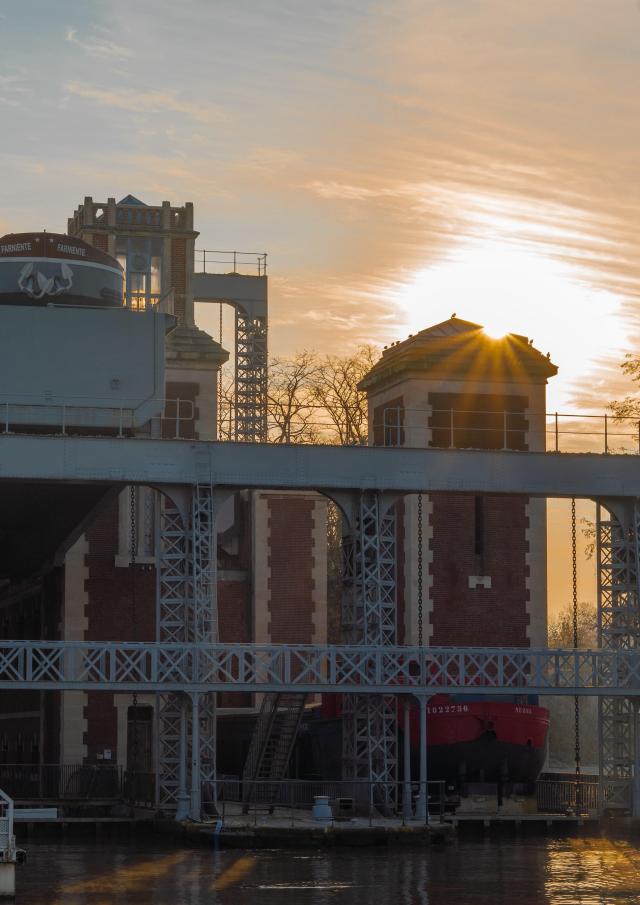 Arques boat elevator under a sunset